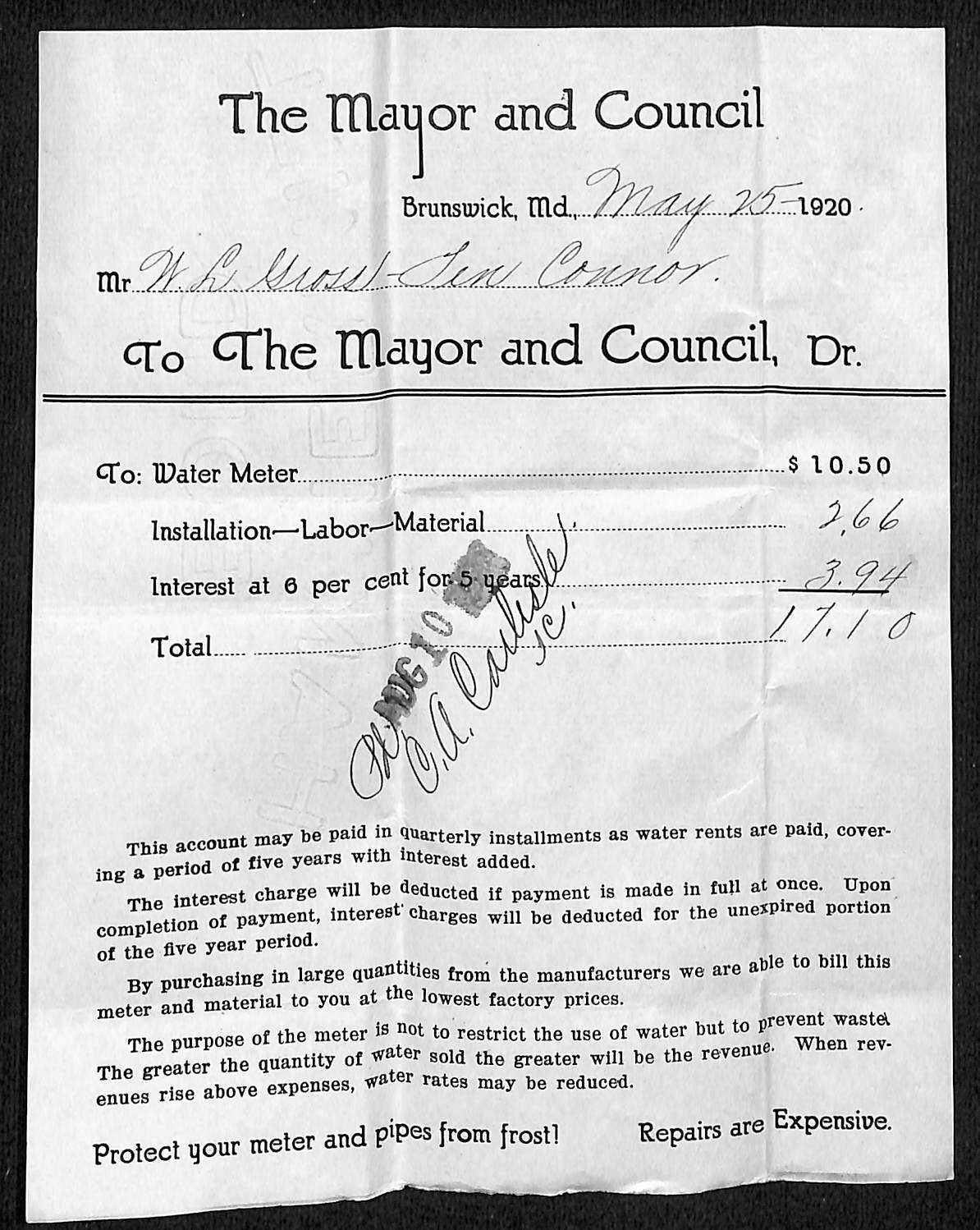 "Mayor and Council" Brunswick MD 1920 Water Meter Utility Receipt Scarce (#4)