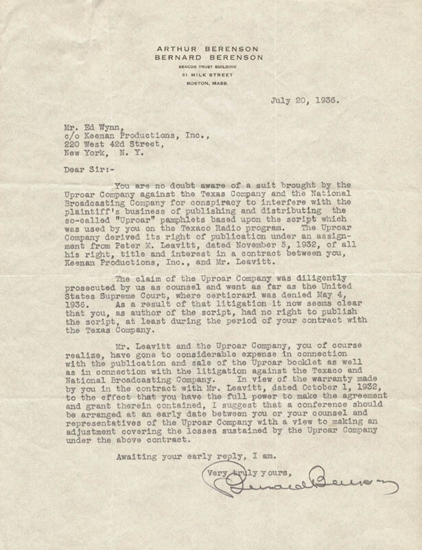 ED WYNN - AUTOGRAPH NOTE UNSIGNED CIRCA 1936