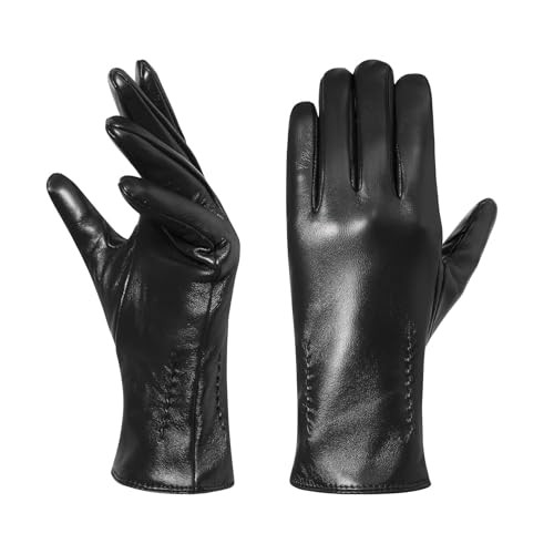 Womens Winter Leather Gloves -TouchScreen Warm Wool Lined Texting Large Black
