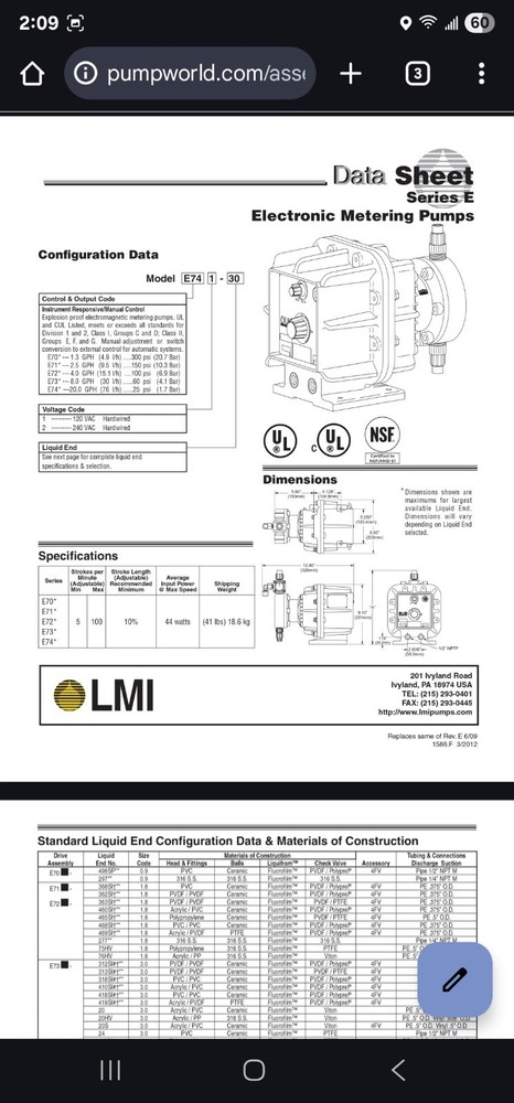 LMI Pump Series E-752 ( Never Used Open Box) Ready For Service