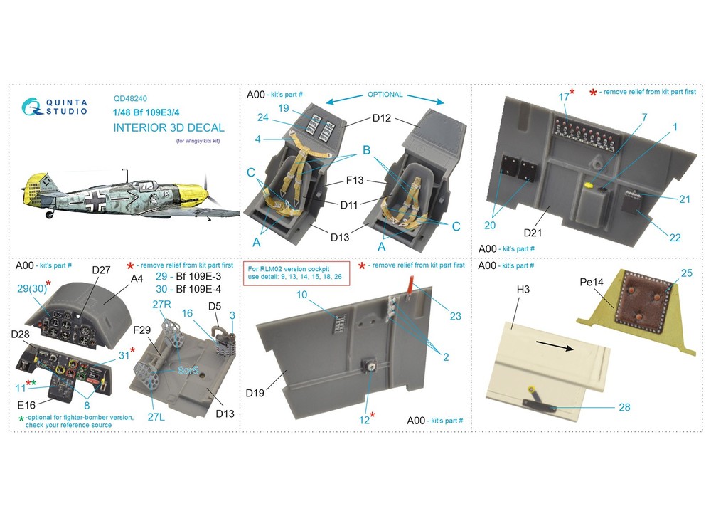 Quinta Studios 1/48 Bf-109E-3/E4 3D DECAL COLORED INTERIOR SET Wingsy Kits