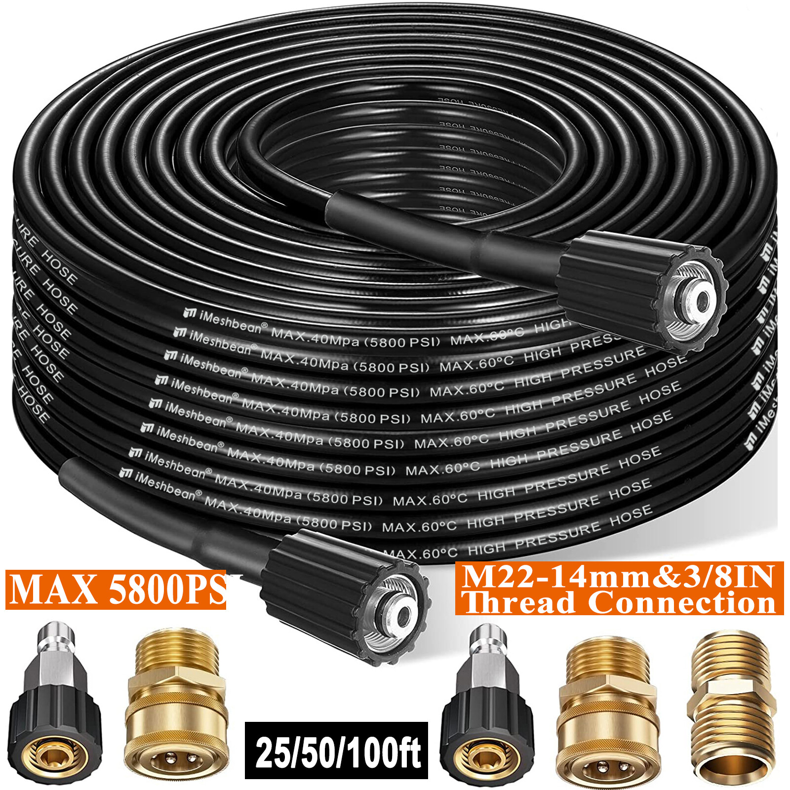 High Pressure Washer Hose 25/50/100ft 5800PSI M22 Power Washer Extension Hose