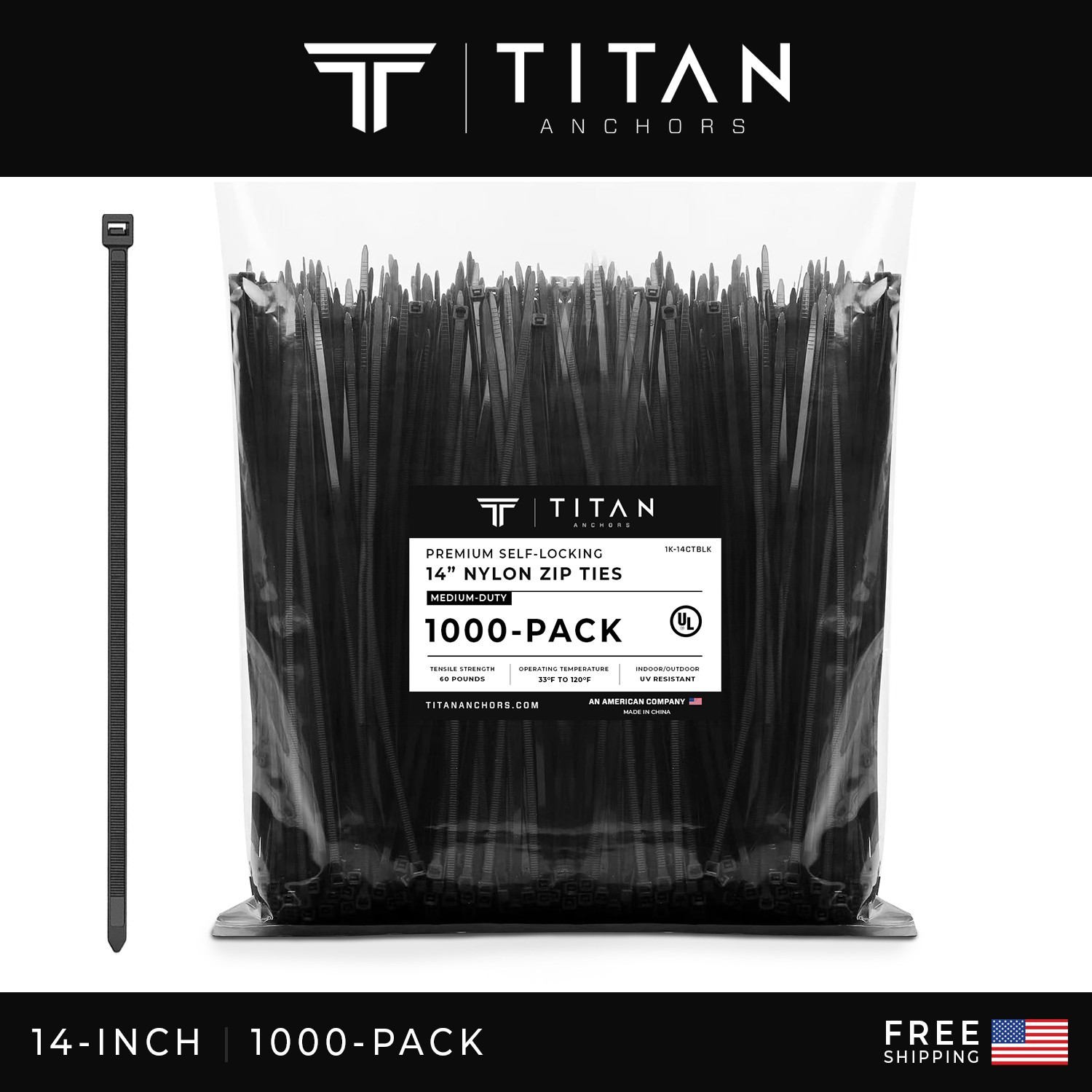 1000-Pack Premium 14" Inch Black Nylon Zip Ties, 60 lbs, UV Resistant, 4.8mm