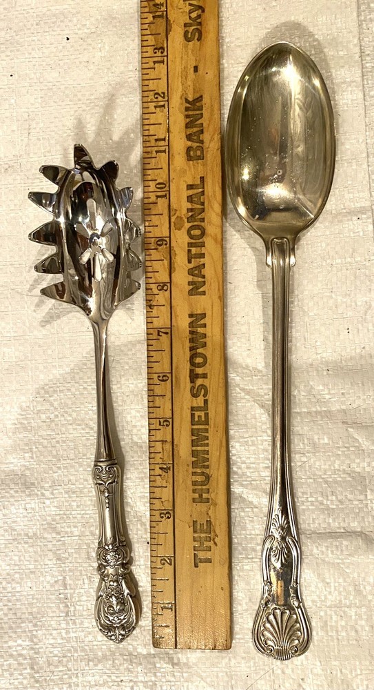 LARGE SHEFFIELD SILVER CO. SILVERPLATE SERVING SPOON & UNMARKED PASTA SPOON