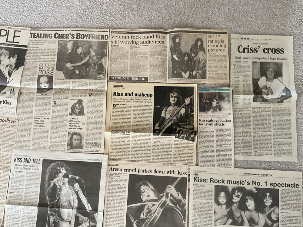 KISS VINTAGE 1987 - 2010 NEWSPAPER CLIPPINGS LOT GENE SIMMONS PAUL STANLEY ACE