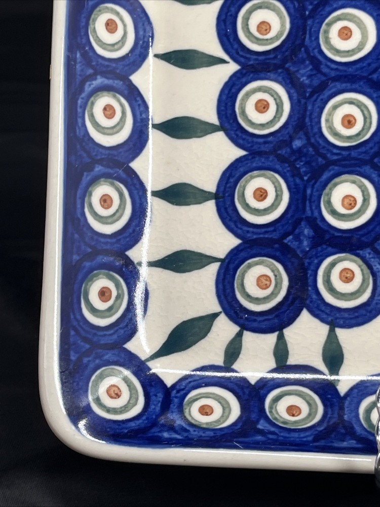 Polish Pottery Peacock Blue Green Pattern Large Rectangular Baker