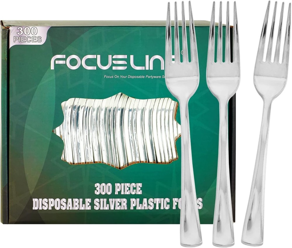 FOCUSLINE 300 Pack Disposable Silver Plastic Forks, Solid and