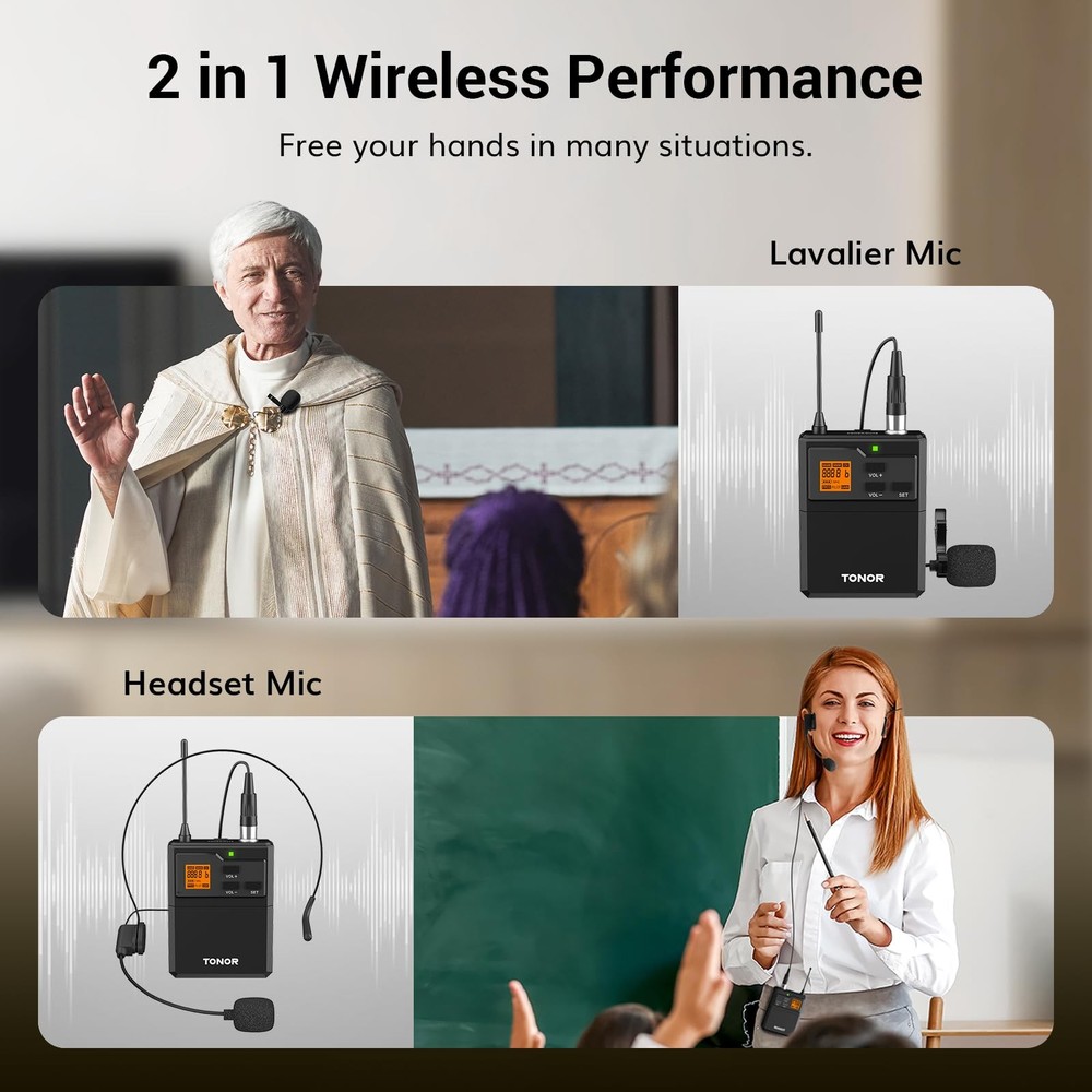 UHF Wireless Microphone System with Headset Mic/Lavalier Lapel Mic, Bodypack Tra