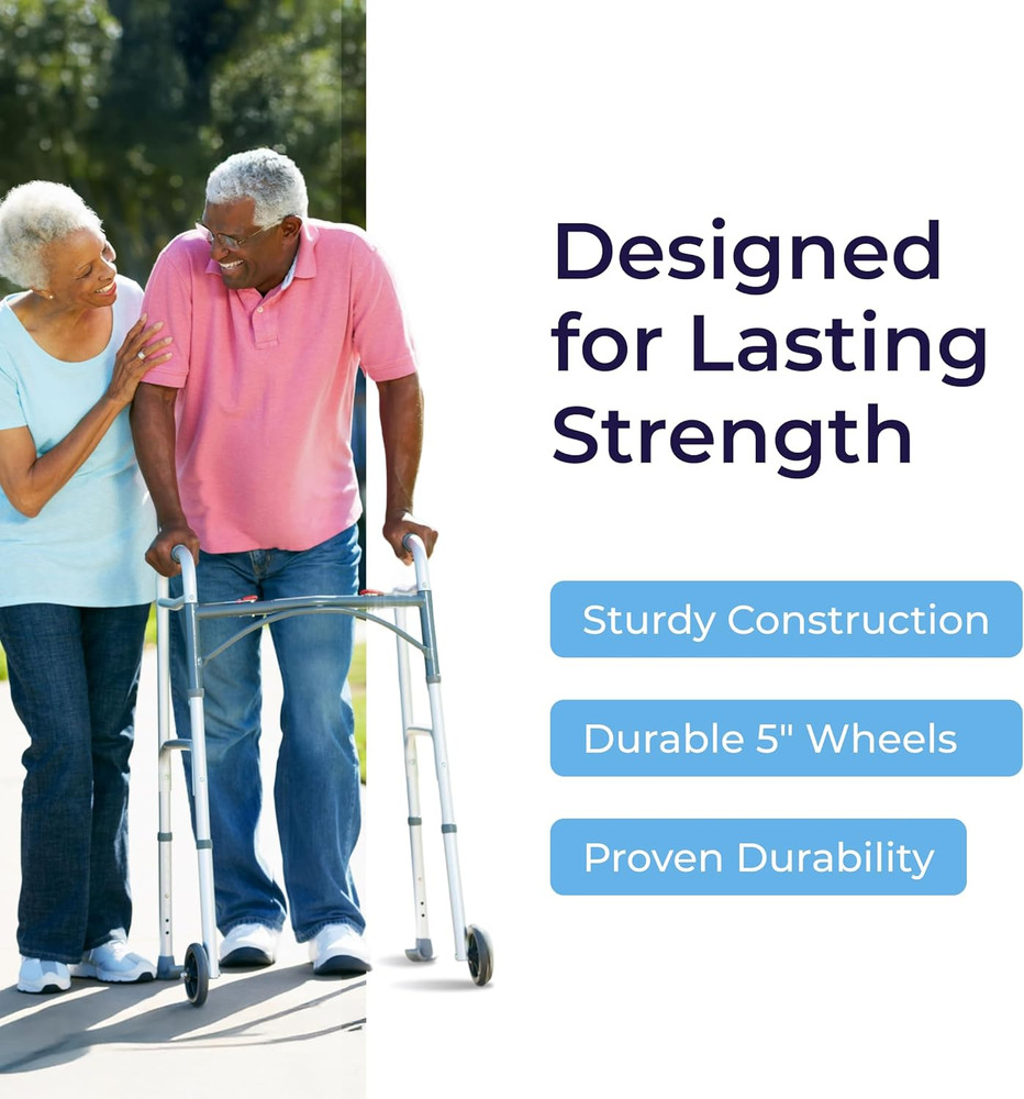Two-Button Folding Walker with Wheels - Lightweight Rolling Mobility Support - A