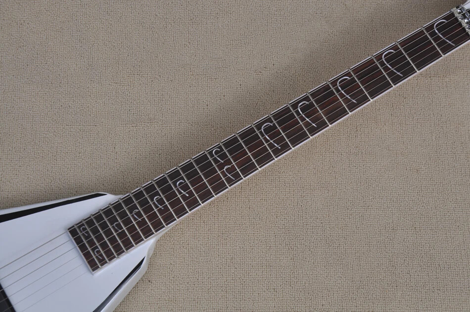 Factory Customized White V Shape Electric Guitar with Tremolo Bridge