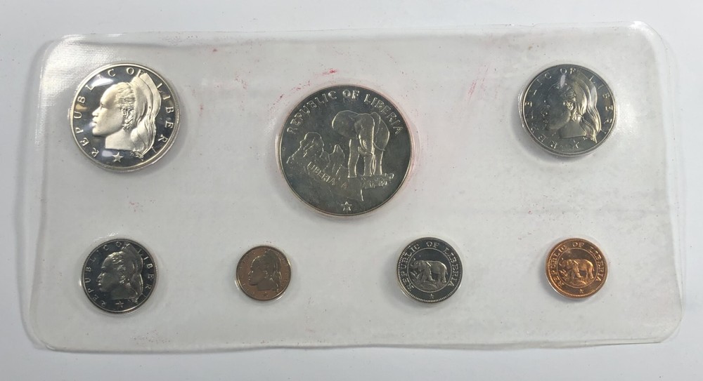 1974 Liberia, 7pc Silver Proof Set. OGP old & Brittle.