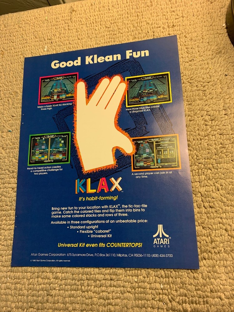 original 1990 ad  11- 8.5'' klax atari    ARCADE VIDEO  GAME FLYER