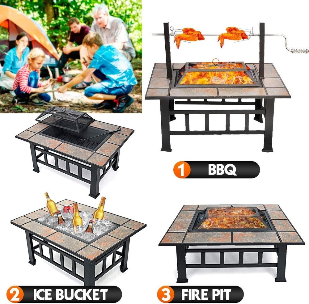 Multi-Purpose 37-Inch Square Fire Pit Table with Grill & Spark Screen Included