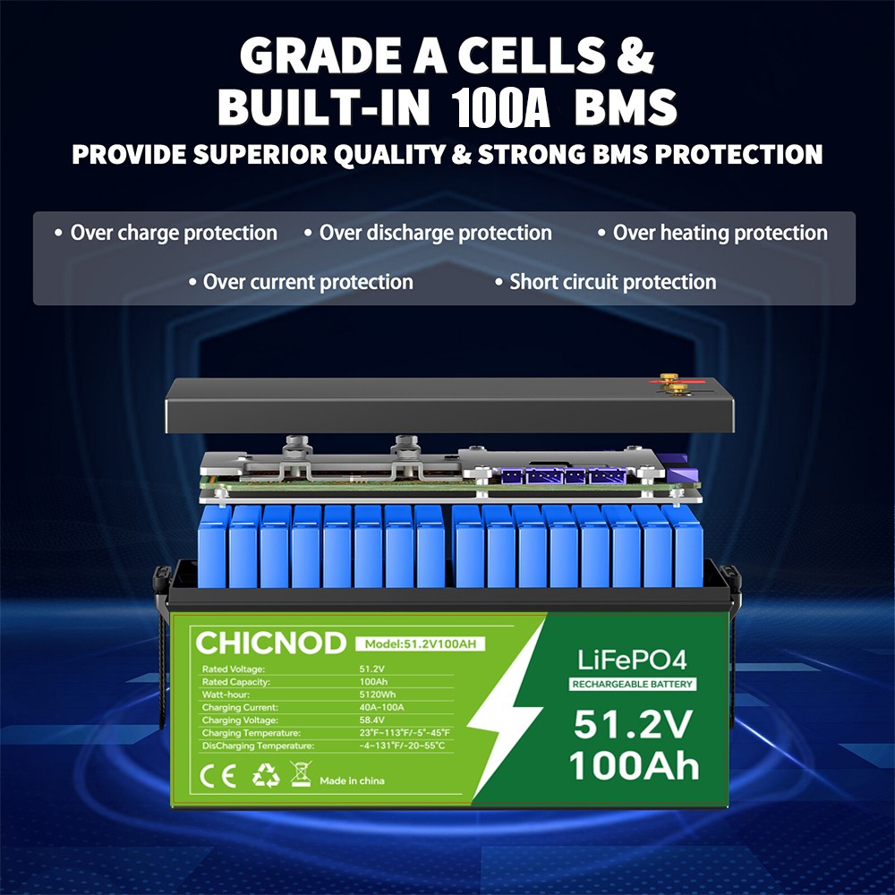 48V 100Ah LiFePO4 Lithium Battery 5120Wh Deep Cycle BMS For Golf Cart Solar RV