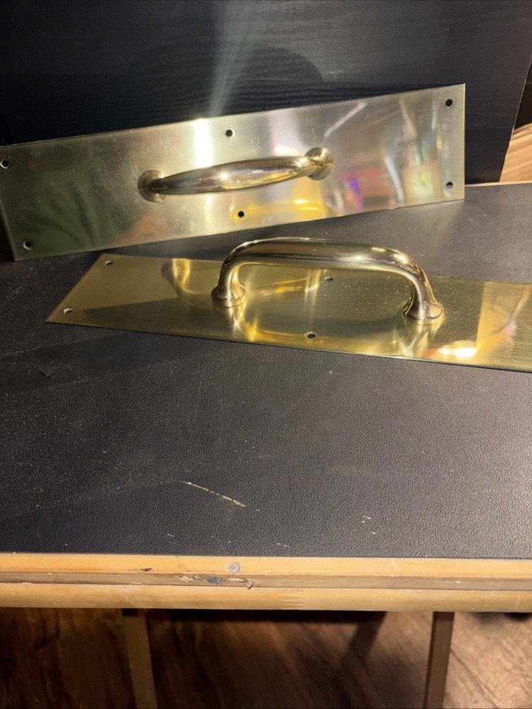 Pair Of Solid Brass Pull Door Handles Attached To Backer/push Plates. RH/LH
