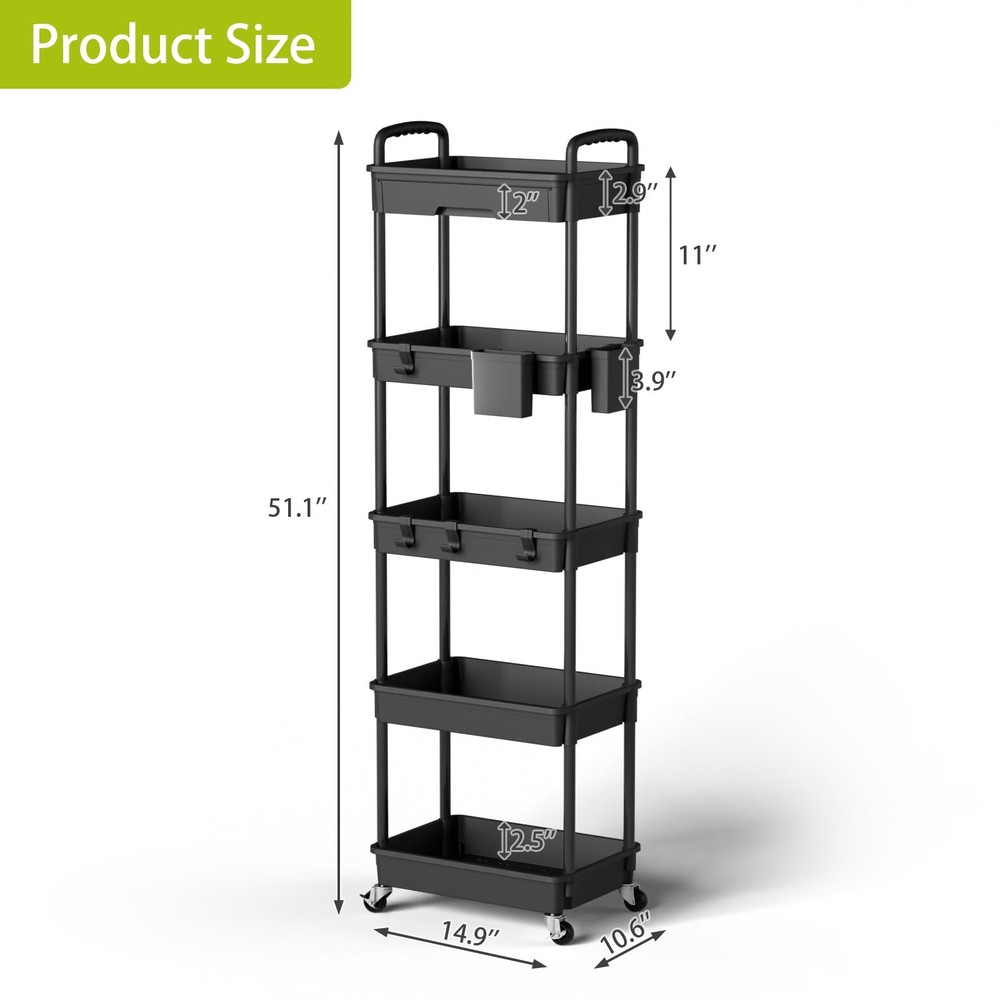 5 Tier Rolling Kitchen Storage Cart Organizer with Wheels Black Multi-Functional