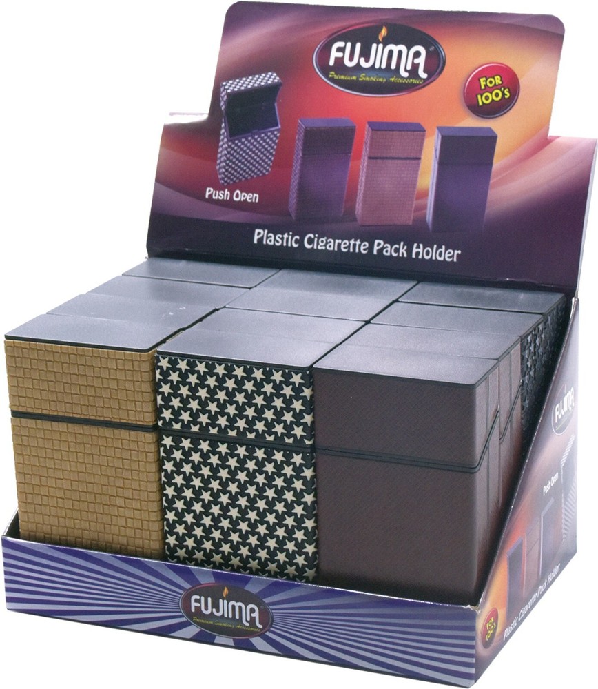 12 Assorted PU Leather Wrapped Push Open Cigarette Case Pack Holders for 100mm