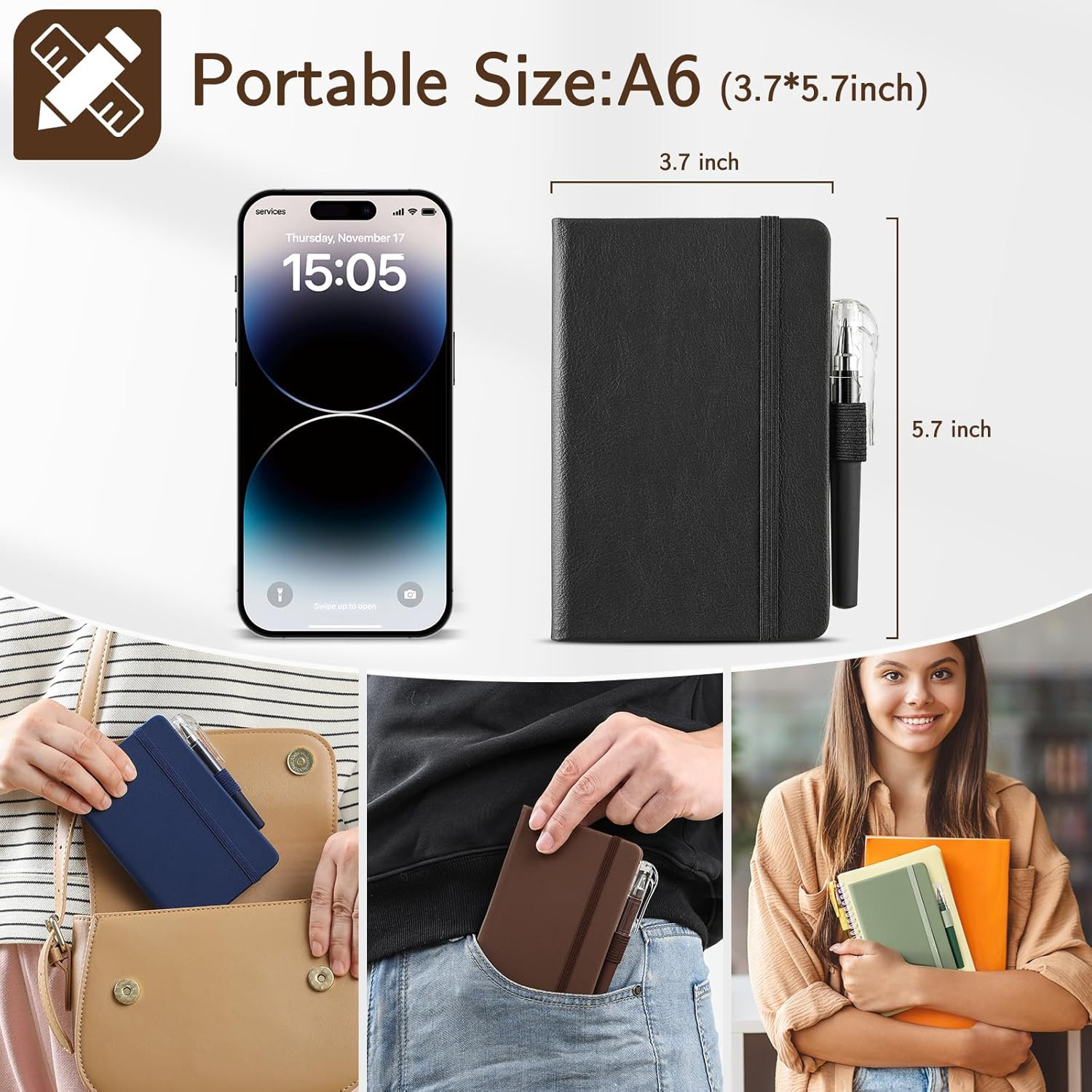 4 Pack Small Notebook Pocket Notebook, A6 Mini Leather Hardcover Journal, 3.7" X