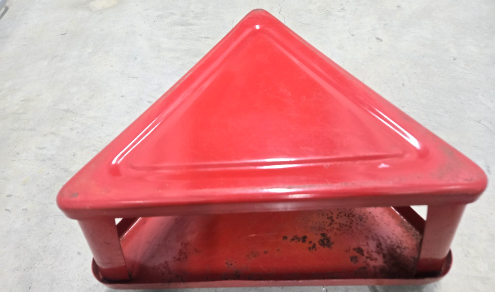 Vintage Red Triangular Rolling Metal Stool on Wheels Mechanic Industrial