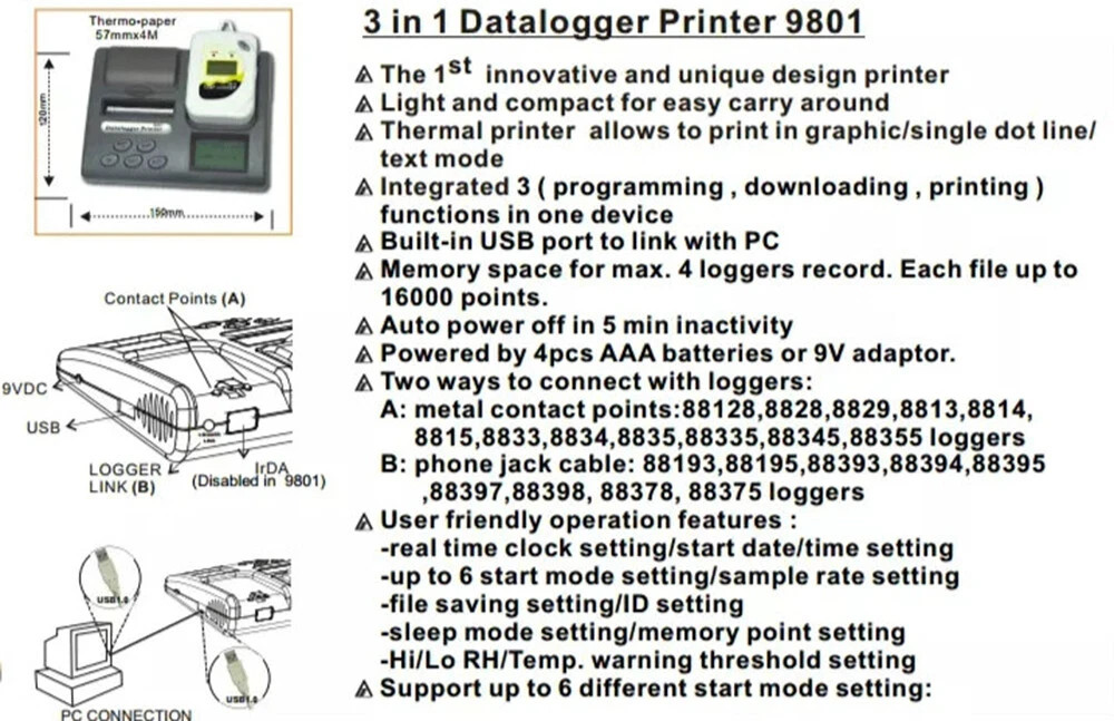 AZ 9801 Data Logger Thermal Printer for Temperature/Humidity Tracking (AZ9801)
