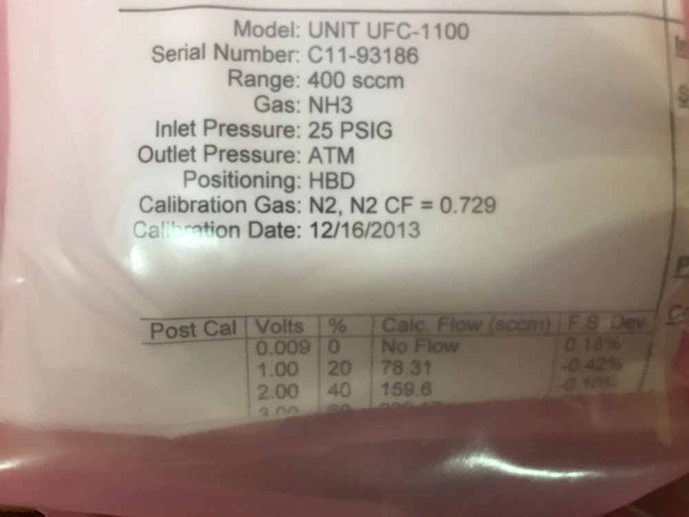 UNIT UFC-1100 Mass Flow Controller 400 sccm NH3 Gas