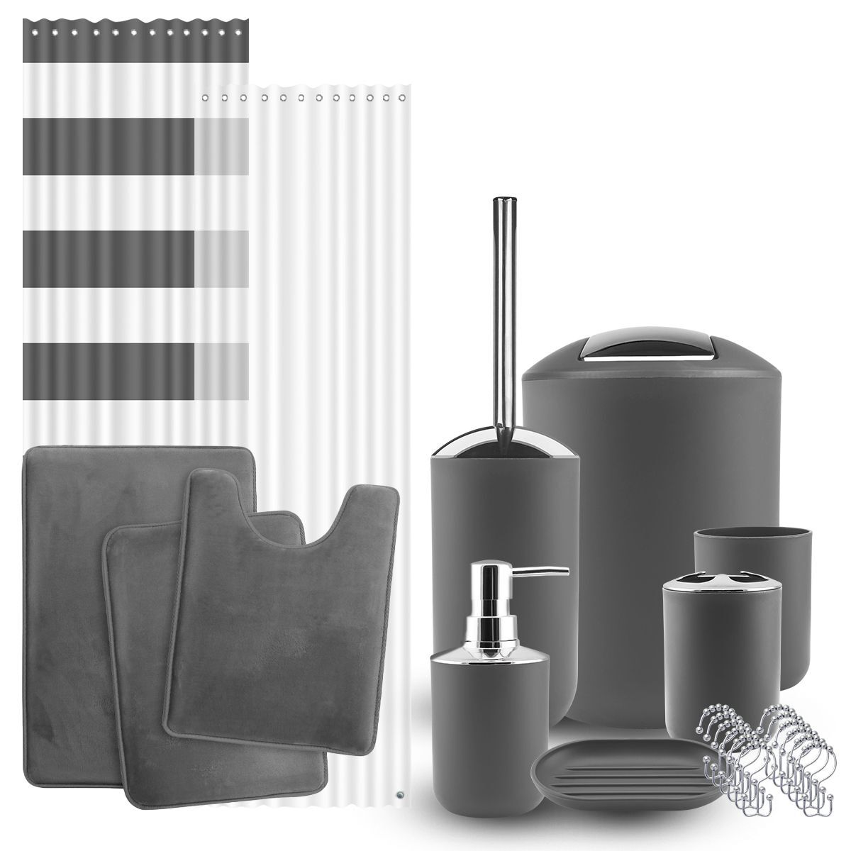 12 Piece Bathroom Accessories Set Shower Curtain 3 Rugs Toilet Brush and More