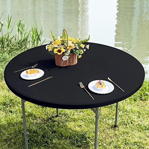 Round Fitted Table Cover Elastic Tablecloth 5ft Stretch 60" (Round) Black