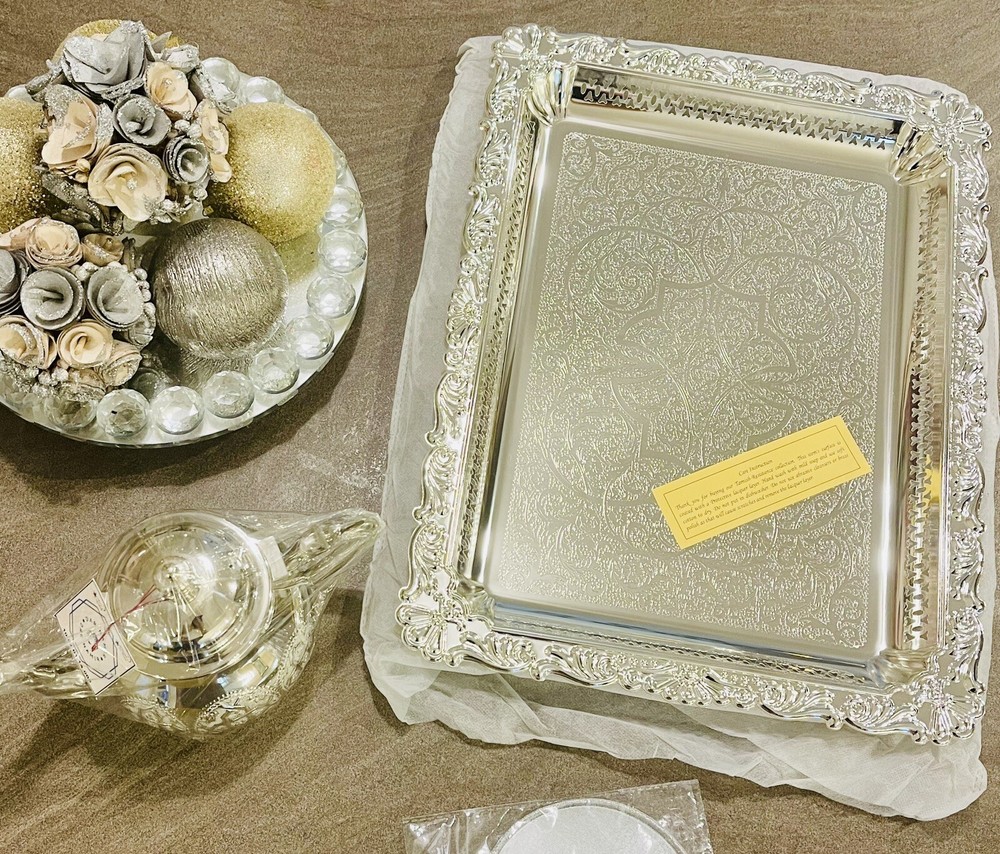 Moroccan Rectangle Silver Finish Serving Tray/platter. Large.