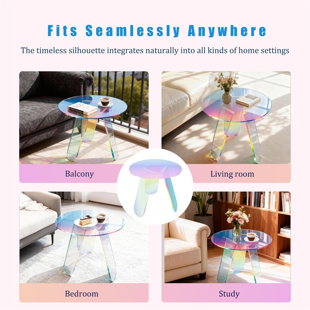 Round Iridescent Rainbow Coffee Table Acrylic Sofa Side End Table Triangle Legs