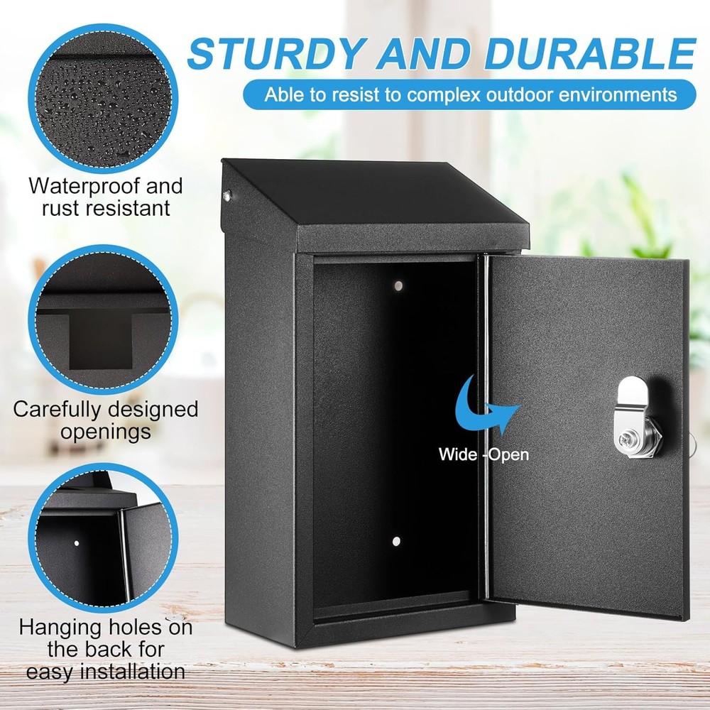 Metal Locking Mailbox Wall Mount Key Drop for 10 x 5.5 x 3, Black