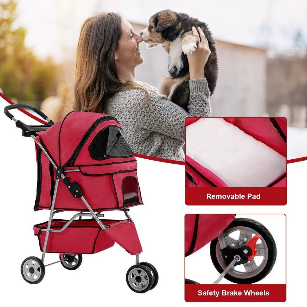 3 Wheel Pet Stroller Foldable Waterproof Carrier Red