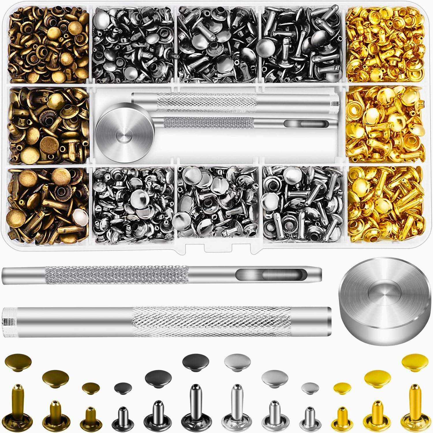 480 Sets Rivets for Leather, 4 Colors 3 Sizes Leather Rivets, Double Cap Rivets