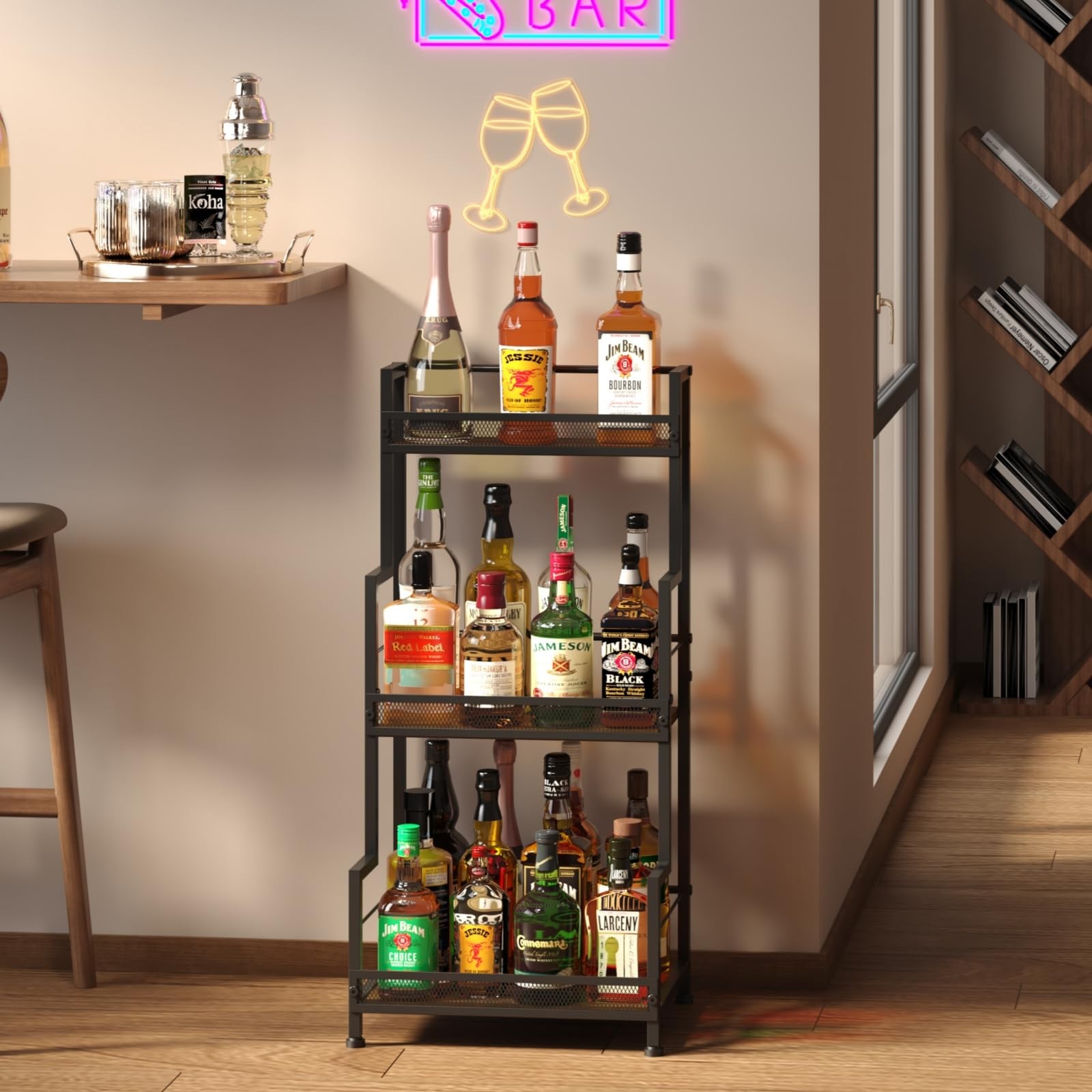 3-Tier Liquor Cabinet Wine Bottle Display Shelf for Home Bar Space Saving
