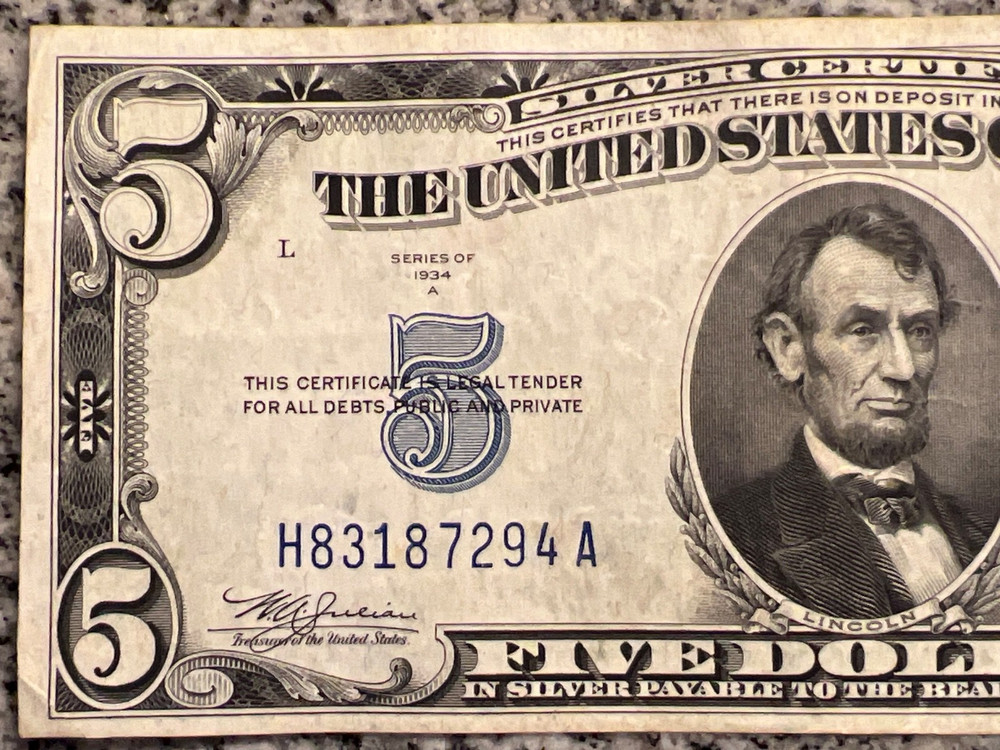 $5 1934-A Silver Certificate Blue Seal UNCIRCULATED!!!