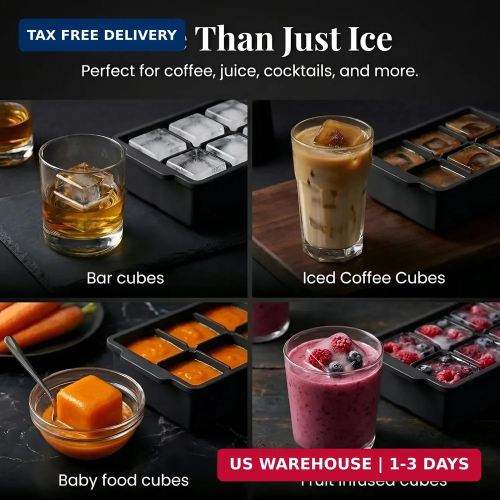 KitchFort Large Silicone Ice Cube Tray (2-Pack), Easy Release 2" Big Ice Cubes -