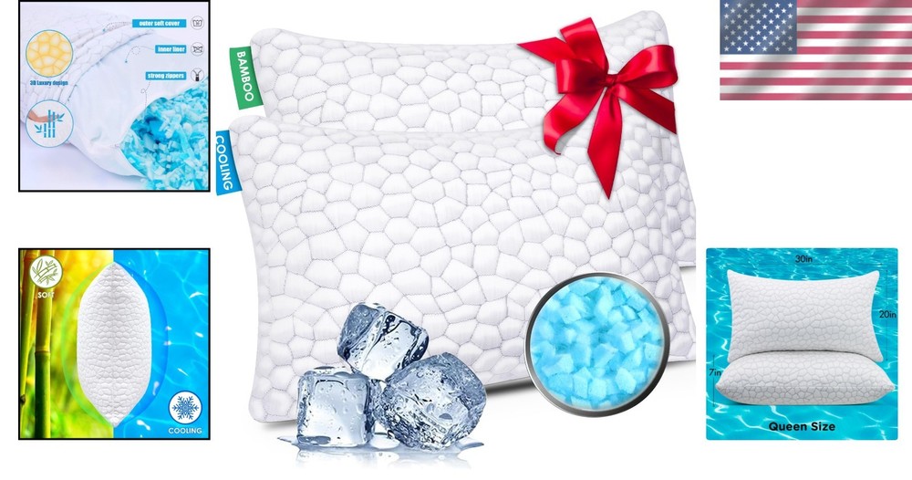 Queen Size Cooling Bed Pillows - Shredded Foam, Adjustable & Machine Washable