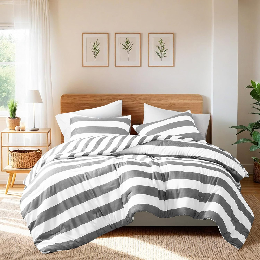 Reversible Striped Queen Comforter Set, Soft Microfiber Bedding Set with Double-
