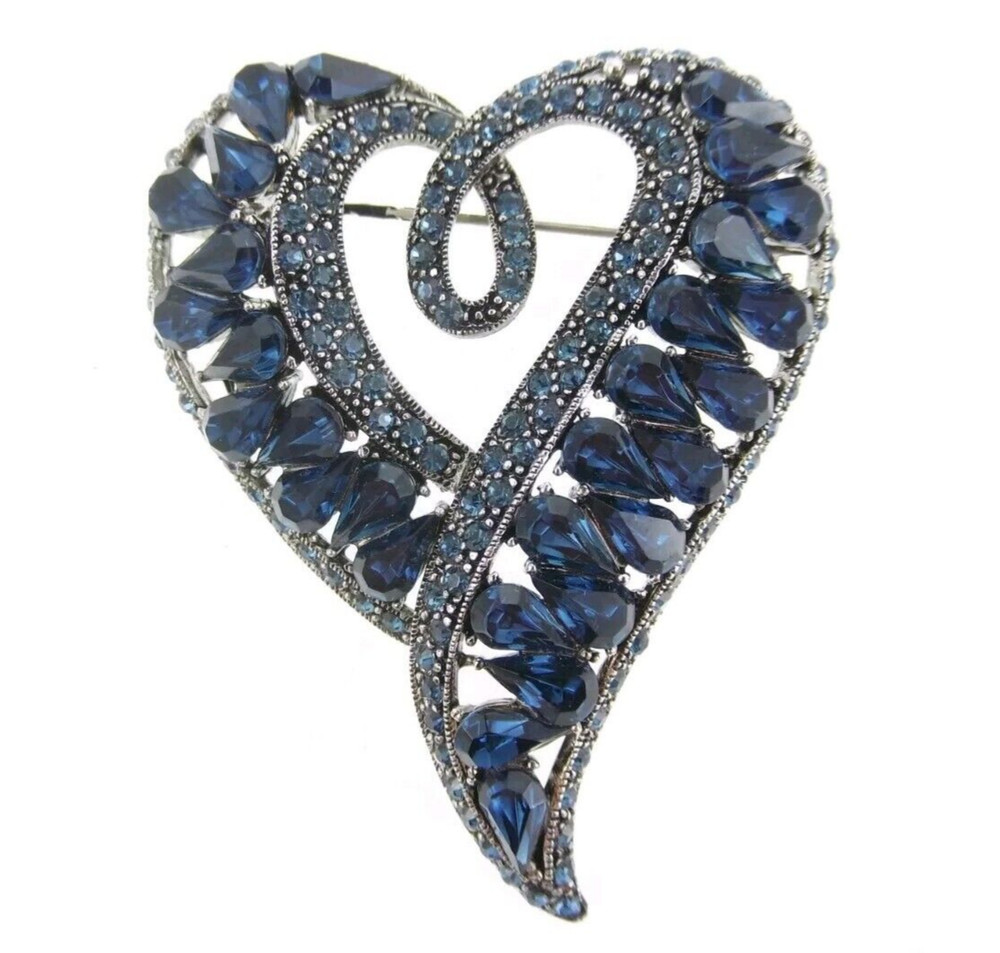 2.5" JHS Blue Rhinestone Heart Brooch Silvertone