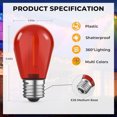 LED S14 Colored Light Bulbs for Outdoor String Lights, 24 Pack Multi-colored