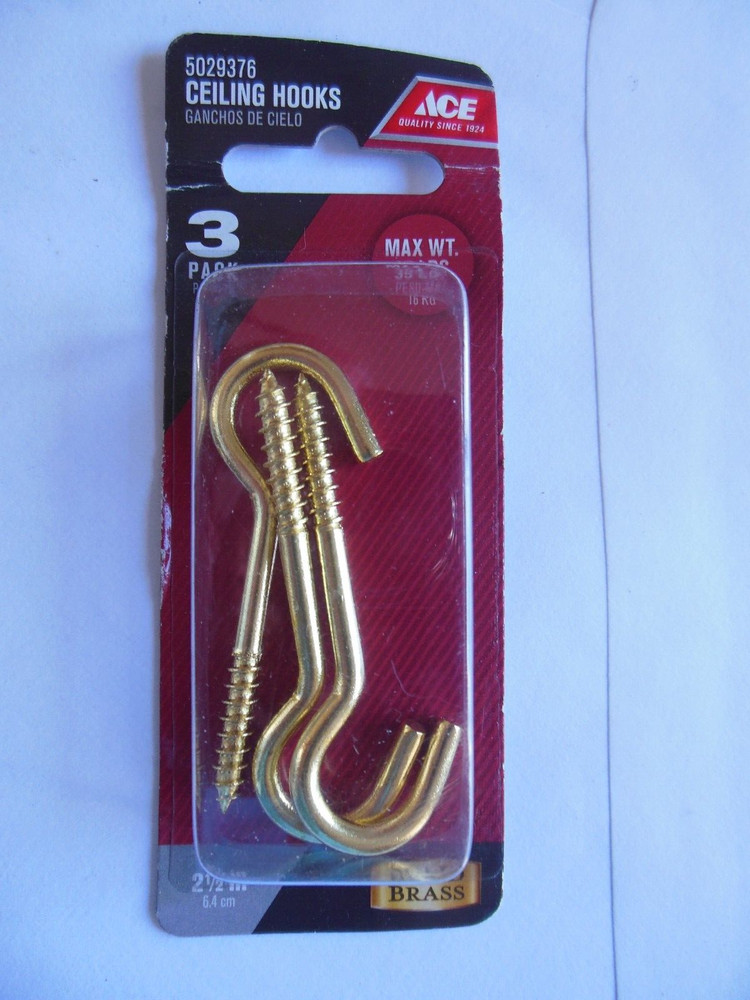 Ace Hardware / Solid Brass * Ceiling Hooks * 2 - 1/2 inch. * 3pcs. Free Shipping