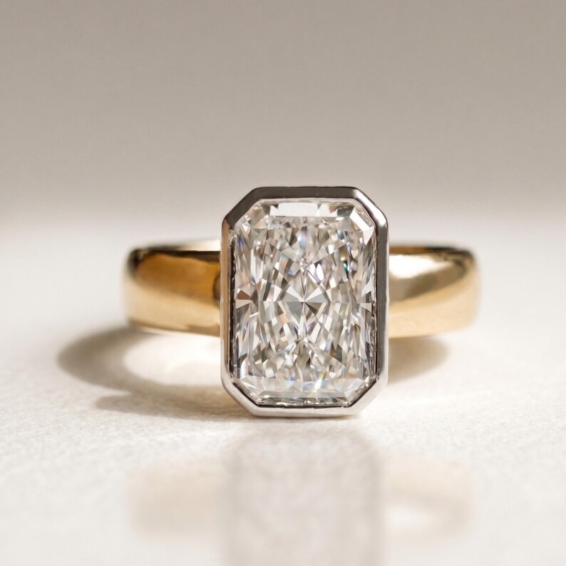 Radiant Cut Solitaire Engagement Ring Bezel Set Bold Statement Wide Band Ring