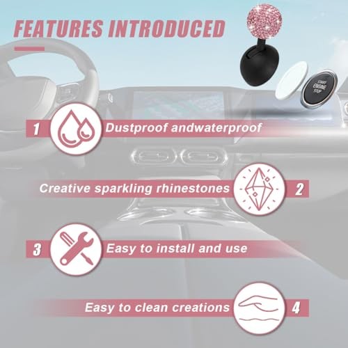 Car Push Start Button Cover, Rhinestone Engine Start Stop Button Joystick Pink