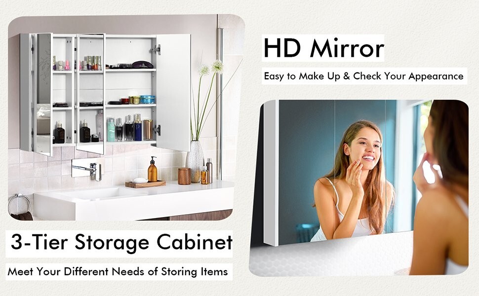 3-Doors Bathroom Medicine Cabinet Frameless Wall Mounted Mirror Adjustable Shelf