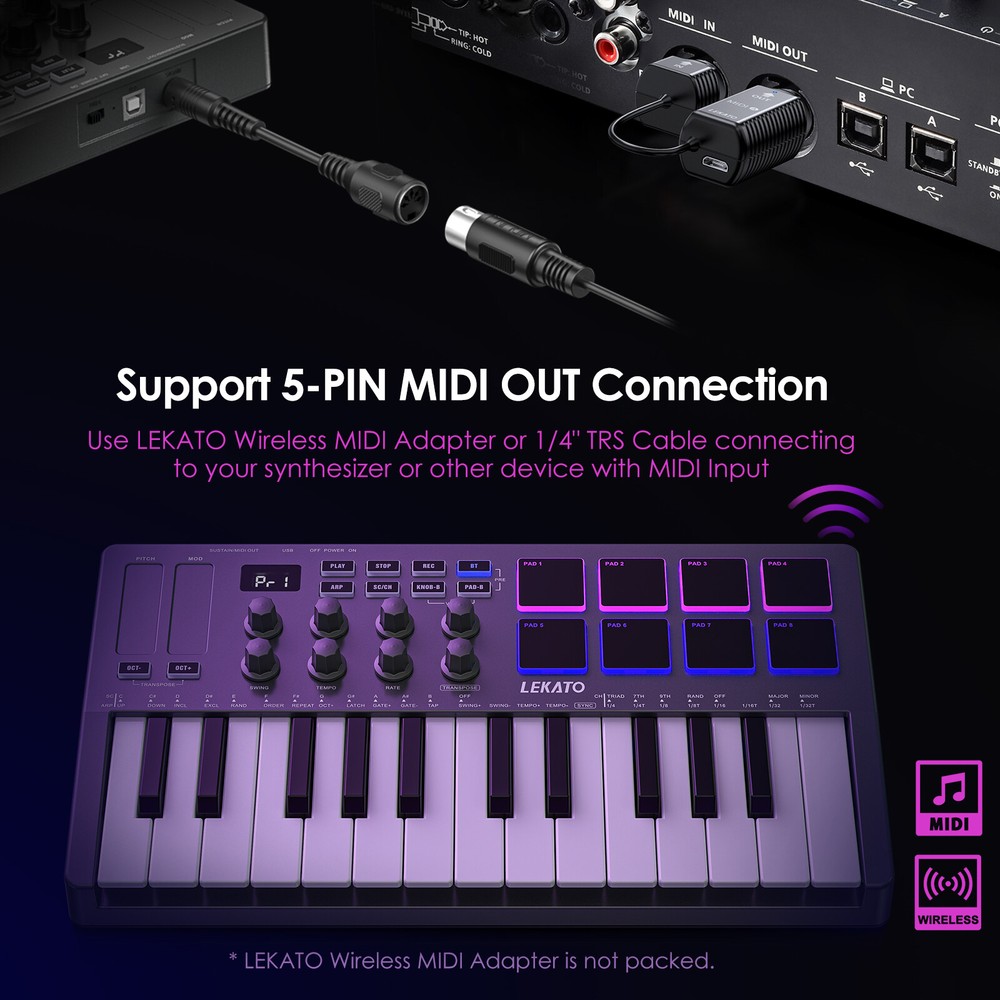 LEKATO MIDI Keyboard Controller 25 Key Rechargeable with 8 Backlit Drum Pads