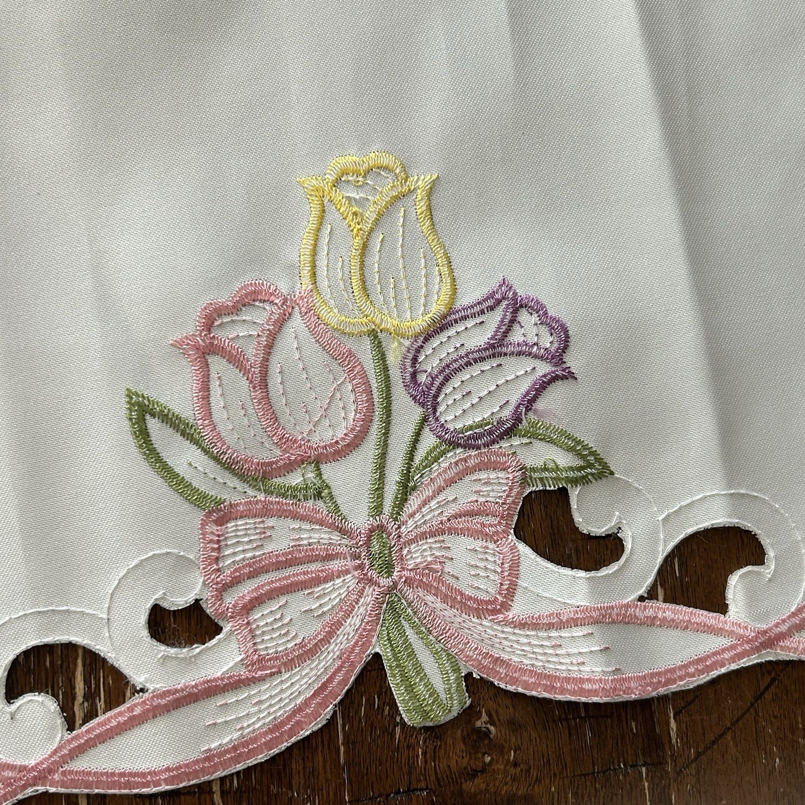 Spring Table Runner 68” Geese Embroidered Tulips Outwork Pink Bows