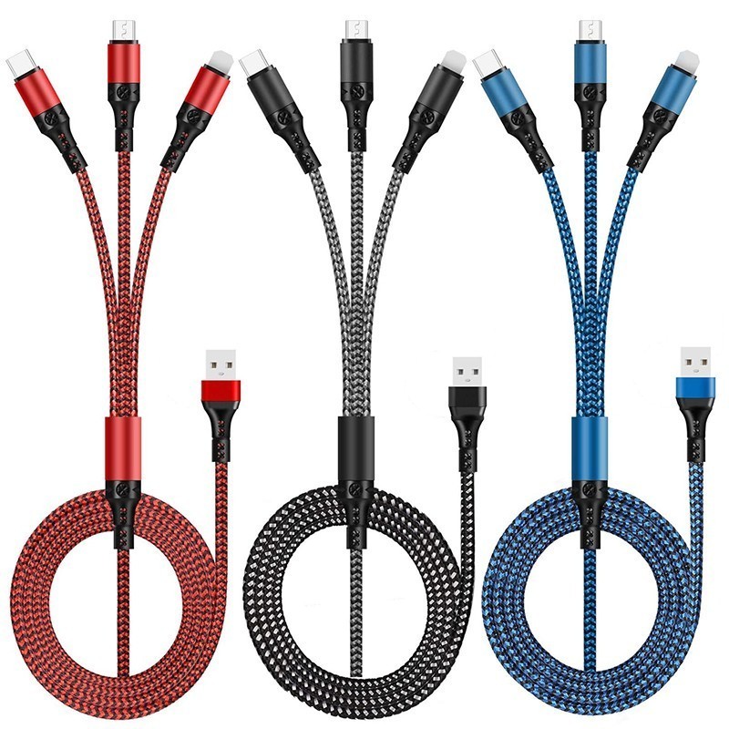 2 Pack 4ft Triple-in-one Fast Charging Data Cable, Car Three-head Data Cable USA