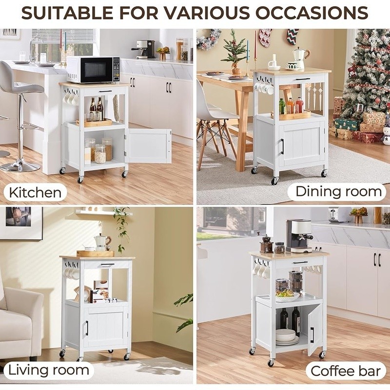 Movable Kitchen Cart W/ Lockable Wheels Storage Hooks Compact Elegant Design New