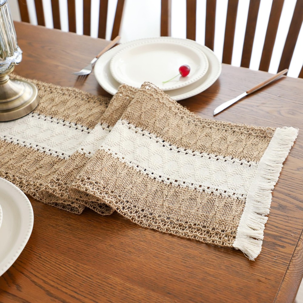 Simple&Opulence Boho Macrame Table Runner - 12 x 72 Inch, Splicing Burlap Farmho