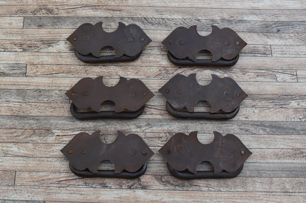 6pc Vintage Handmade Iron Door Gate Drawer Tool Box Pull Drop Back Plate Handles