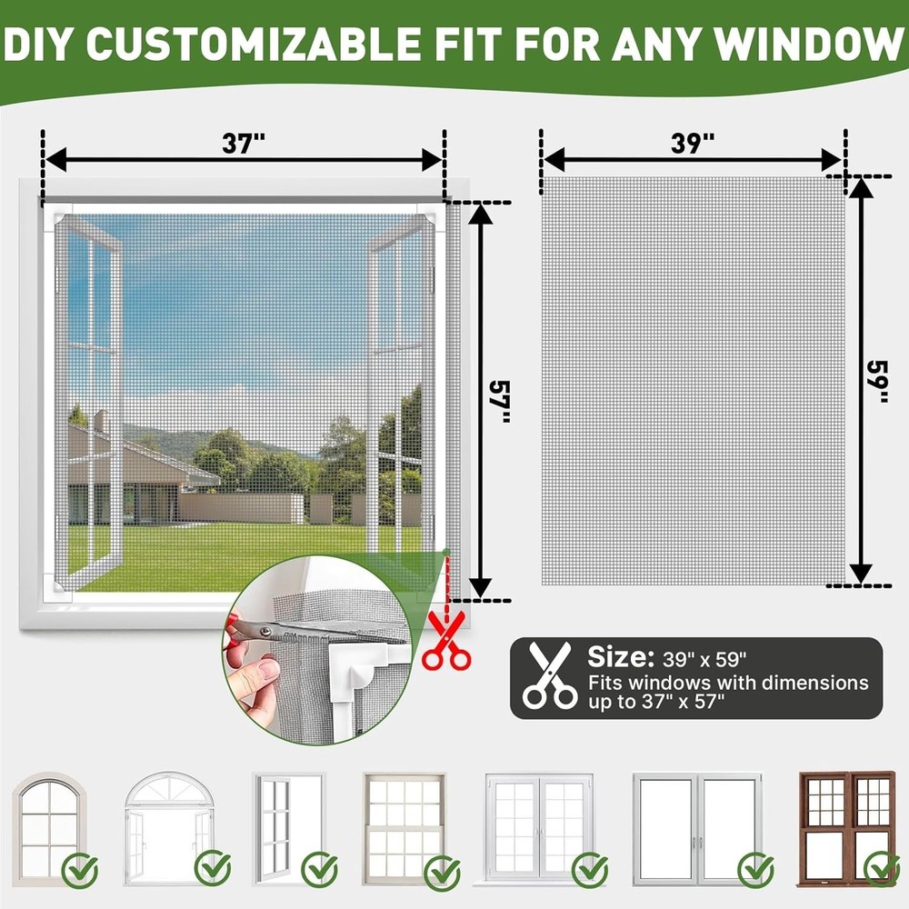 Window Screen Adjustable Magnetic Window Screen Replacement Max 39” x 59” DIY